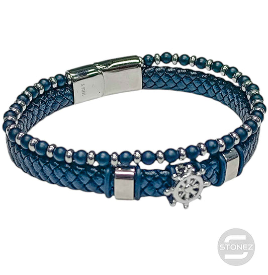 60177-05 Pulsera Acero Timón Cuero Trenzado Y Piedra 22Cms Aprox Cierre Iman