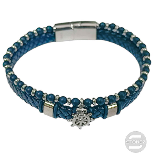 60177-05 Pulsera Acero Timón Cuero Trenzado Y Piedra 22Cms Aprox Cierre Iman