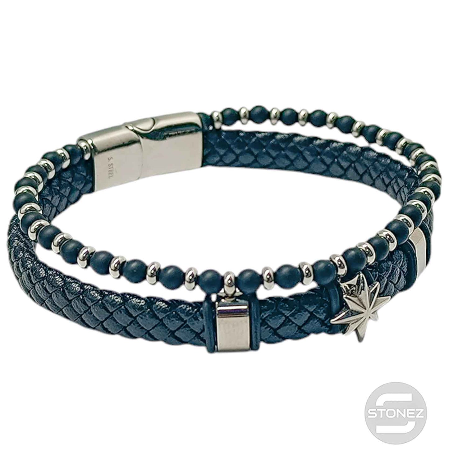 60177-06 Pulsera Acero  Estrella Cuero Trenzado Y Piedra 22Cms Aprox Cierre Iman