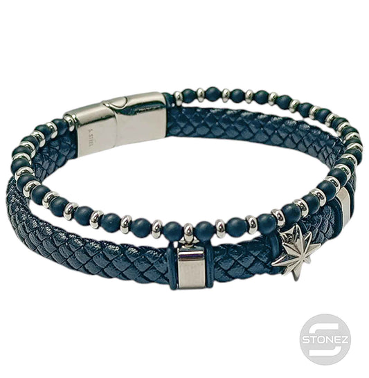 60177-06 Pulsera Acero  Estrella Cuero Trenzado Y Piedra 22Cms Aprox Cierre Iman