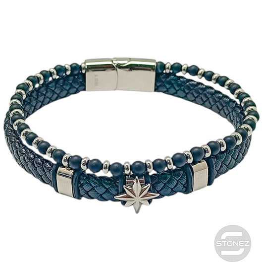 60177-06 Pulsera Acero  Estrella Cuero Trenzado Y Piedra 22Cms Aprox Cierre Iman