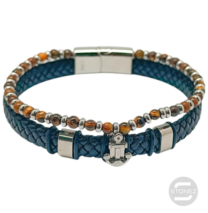 60177-08 Pulsera Acero Ancla Cuero Trenzado Y Piedra Ojo Tigre 22Cms Aprox Cierre Iman