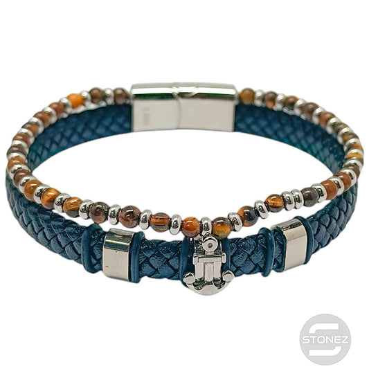 60177-08 Pulsera Acero Ancla Cuero Trenzado Y Piedra Ojo Tigre 22Cms Aprox Cierre Iman