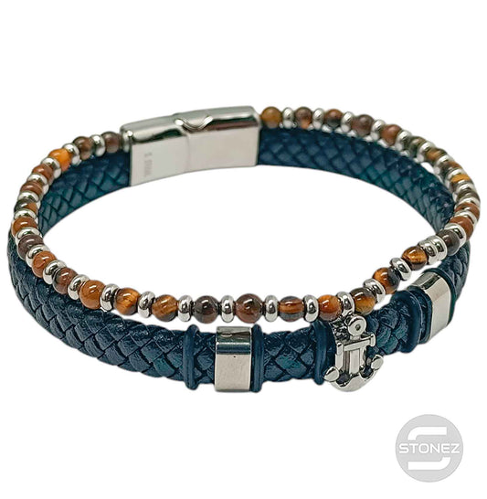 60177-08 Pulsera Acero Ancla Cuero Trenzado Y Piedra Ojo Tigre 22Cms Aprox Cierre Iman