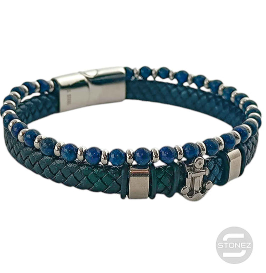 60177-09 Pulsera Acero Ancla Cuero Trenzado Y Piedra Lapislázuli 22Cms Aprox Cierre Iman