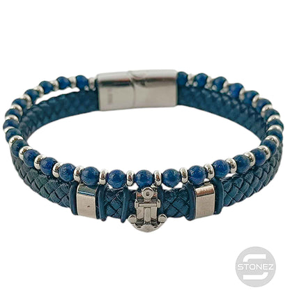 60177-09 Pulsera Acero Ancla Cuero Trenzado Y Piedra Lapislázuli 22Cms Aprox Cierre Iman