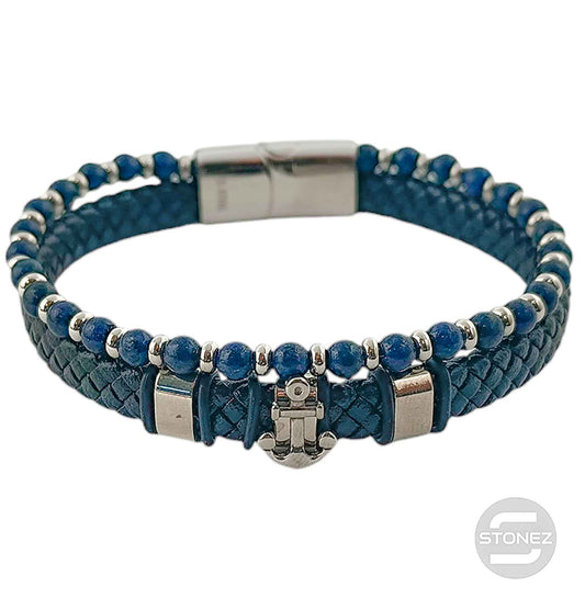 60177-09 Pulsera Acero Ancla Cuero Trenzado Y Piedra Lapislázuli 22Cms Aprox Cierre Iman