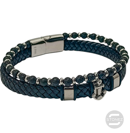 60177-13 Pulsera Acero Ancla Cuero Trenzado Y Piedra Lava 22Cms Aprox Cierre Iman