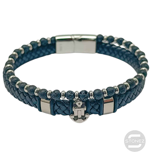 60177-13 Pulsera Acero Ancla Cuero Trenzado Y Piedra Lava 22Cms Aprox Cierre Iman