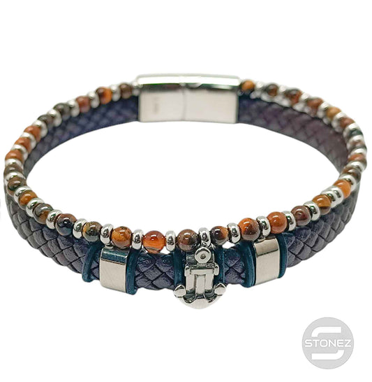 60177-15 Pulsera Acero Ancla Cuero Marron Trenzado Y Piedra Ojo De Tigre 22Cms Aprox Cierre Iman