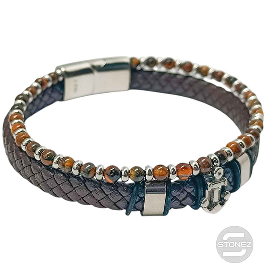 60177-15 Pulsera Acero Ancla Cuero Marron Trenzado Y Piedra Ojo De Tigre 22Cms Aprox Cierre Iman