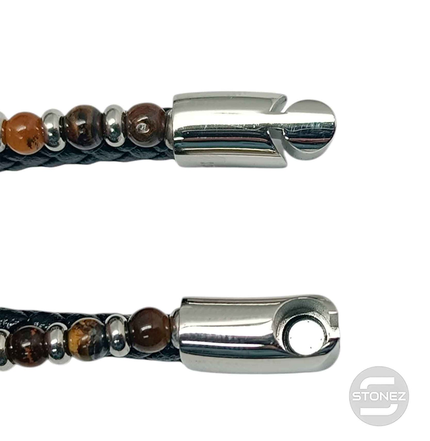 60177-15 Pulsera Acero Ancla Cuero Marron Trenzado Y Piedra Ojo De Tigre 22Cms Aprox Cierre Iman