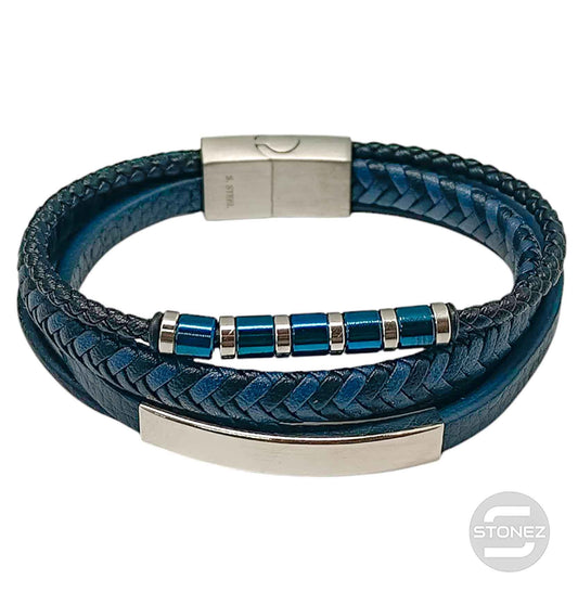 60178.10 Pulsera Acero Y Cuero Negro Y azul Oscuro Largo 22 Cms Aprox