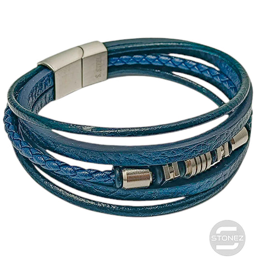 60178-13 Pulsera Acero Y Cuero Negro Y azul Oscuro Largo 22 Cms Aprox