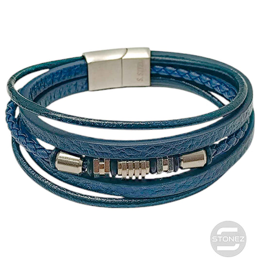 60178-13 Pulsera Acero Y Cuero Negro Y azul Oscuro Largo 22 Cms Aprox