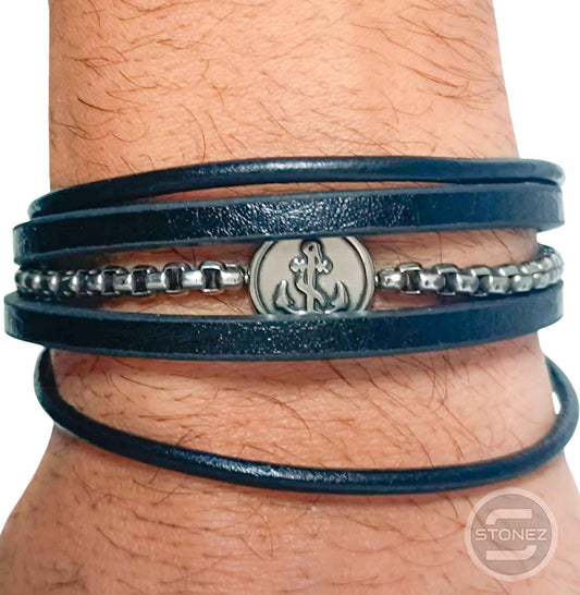 60379-01 Pulsera Acero Y Cuero Largo 22 Cms Aprox