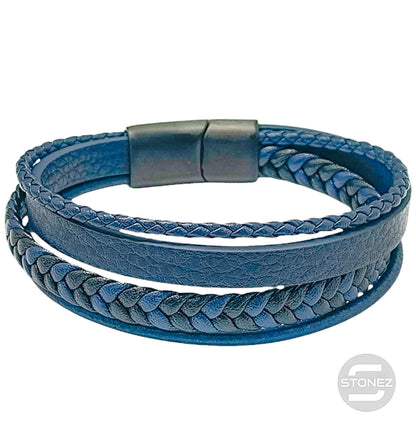 60379-60 Pulsera Acero Y Cuero Negro Y azul Oscuro Largo 22 Cms Aprox