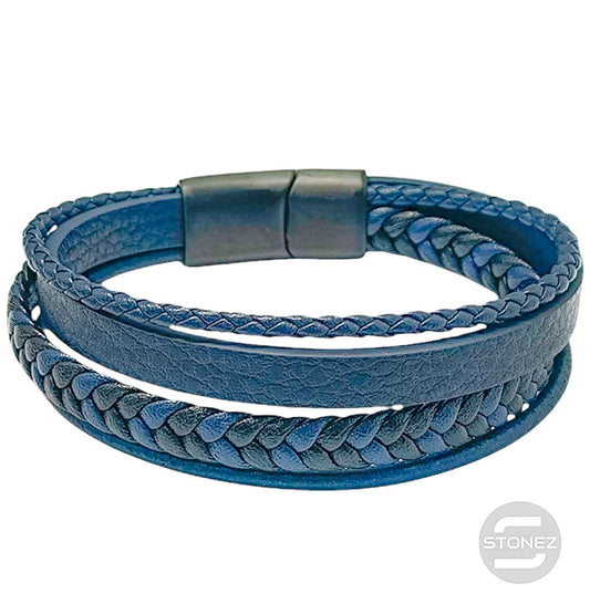 60379-60 Pulsera Acero Y Cuero Negro Y azul Oscuro Largo 22 Cms Aprox