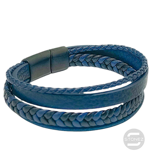 60379-60 Pulsera Acero Y Cuero Negro Y azul Oscuro Largo 22 Cms Aprox