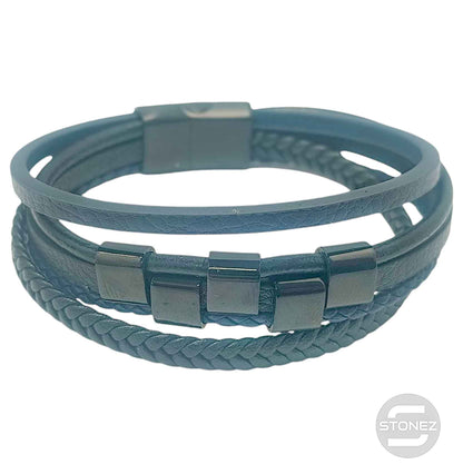 60379-64 Pulsera Acero Y Cuero Negro Y azul Oscuro Largo 22 Cms Aprox
