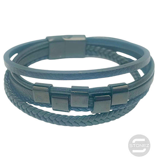 60379-64 Pulsera Acero Y Cuero Negro Y azul Oscuro Largo 22 Cms Aprox