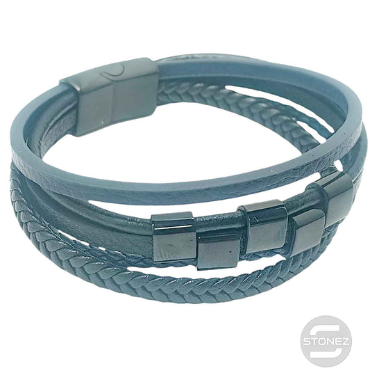 60379-64 Pulsera Acero Y Cuero Negro Y azul Oscuro Largo 22 Cms Aprox