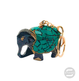 60802 Llavero De Madera Tallada En Forma De Elefante Con Piedra Turquesina