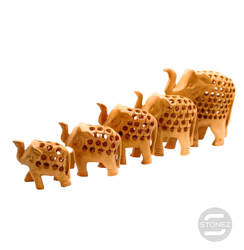 Cargue la imagen en el visor de la galería, 60892 Juego 5 Pcs Elefante Tallada En Madera Desde 4 a 10 Cms Aprox
