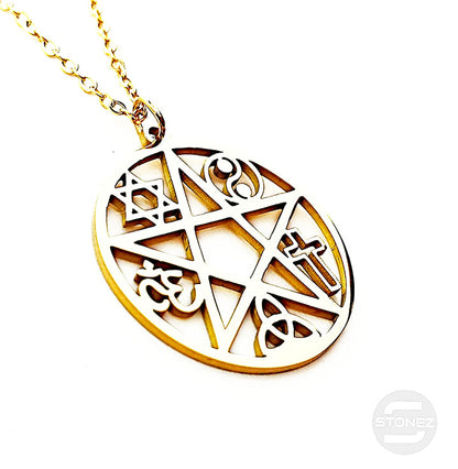 61014-30 Collar Acero Dorado Pentagrama Con Simbolos 25 mm Cadena 40+5 Cms.