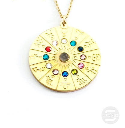 61015-02 Collar Acero Dorado Signos Del Zodiaco 25 mm Cadena 40+5 Cms