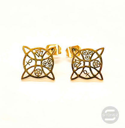 61017-06 Pendientes Pegados De Acero Dorado Nudo De Brujas 15mm - stonez