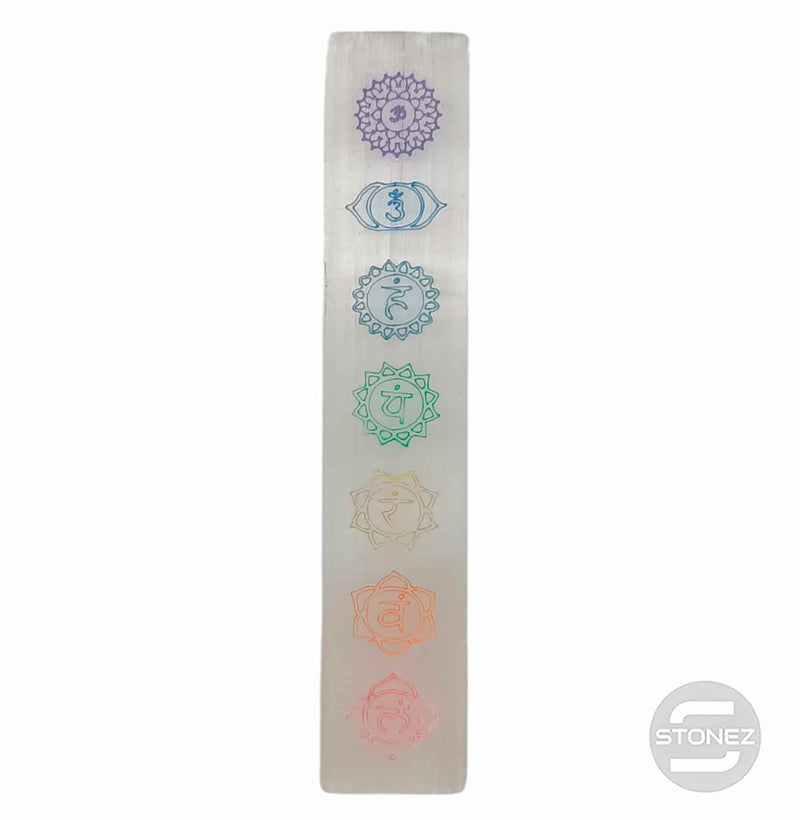 Cargue la imagen en el visor de la galería, 6110800 Placa Selenita Grabada Símbolos 7 Chakras 20 Cms Aprox
