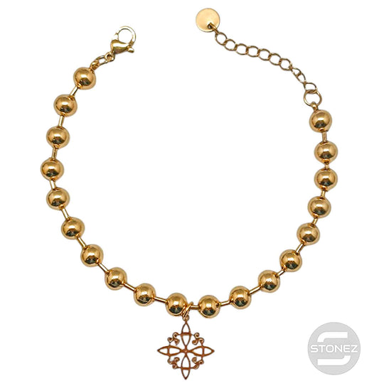 61676-09 Pulseras Acero Dorado Bolas 6 mm Dije Nudo De Bruja 17+3 cms Aprox