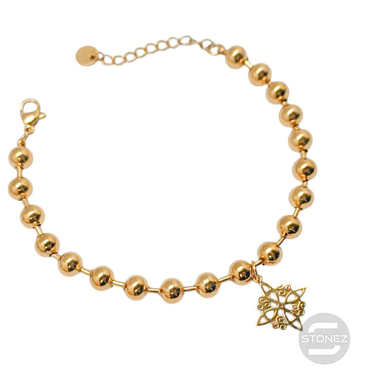 61676-09 Pulseras Acero Dorado Bolas 6 mm Dije Nudo De Bruja 17+3 cms Aprox