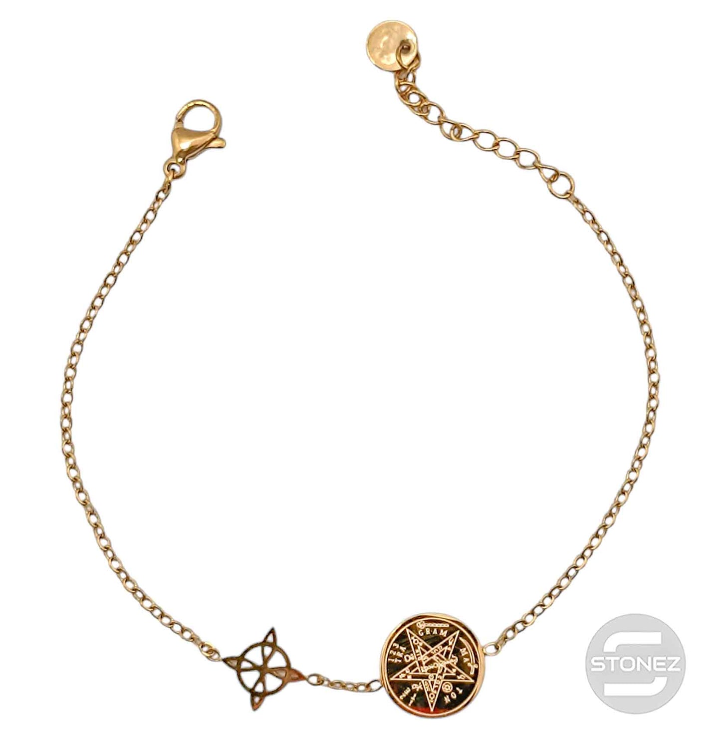 61677-02 Pulsera Acero Dorado Con Dije Nudo De Bruja  y Tetragramaton