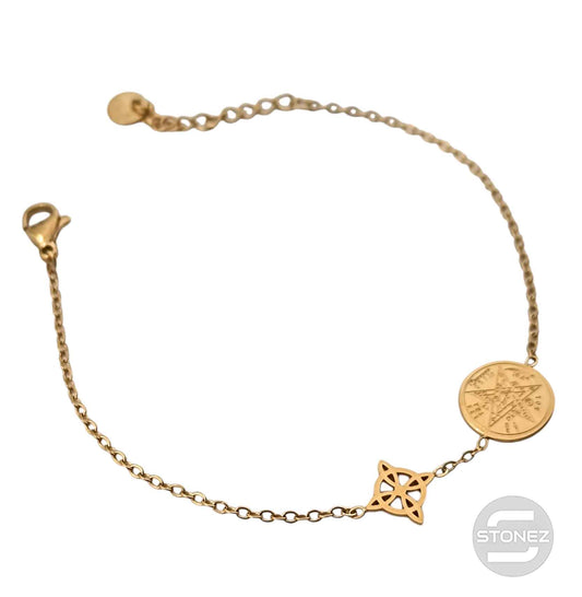 61677-02 Pulsera Acero Dorado Con Dije Nudo De Bruja  y Tetragramaton