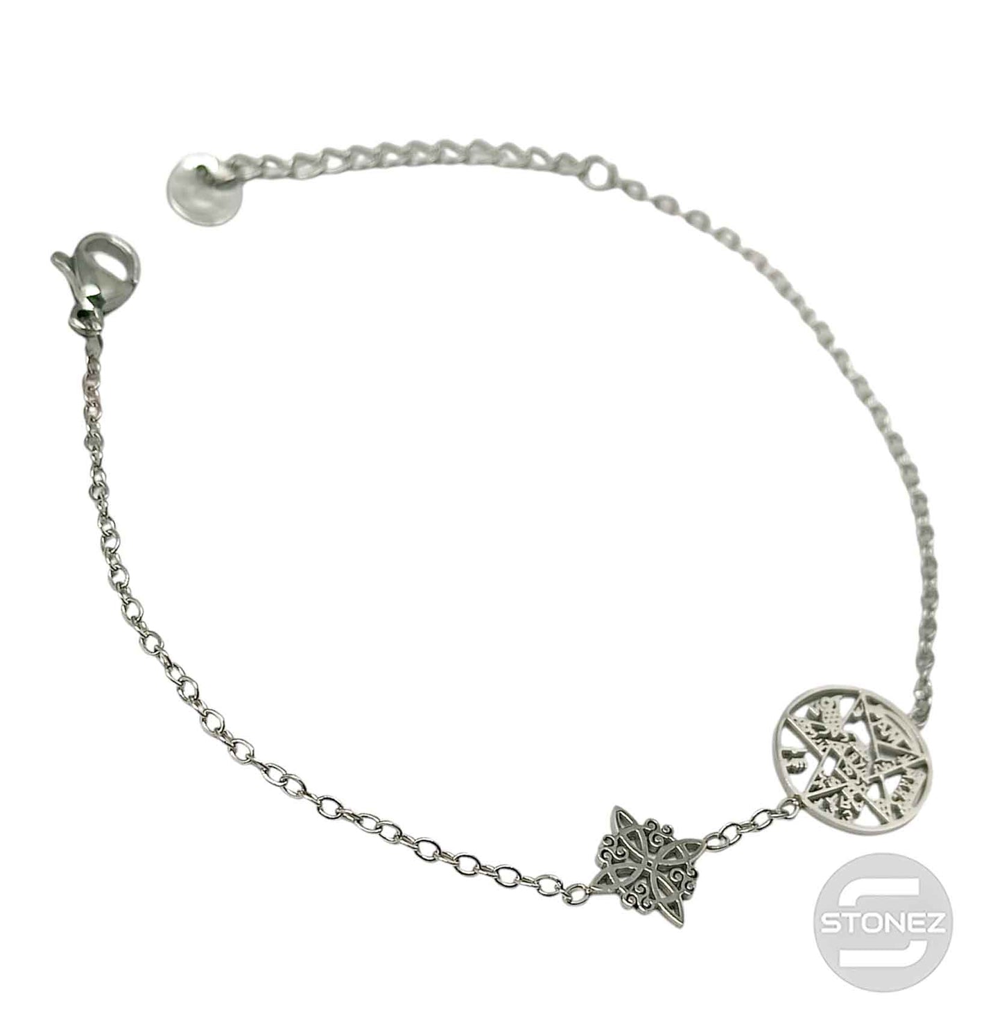 61677-03 Pulsera Acero Con Dije Nudo De Bruja  y Tetragramaton - stonez