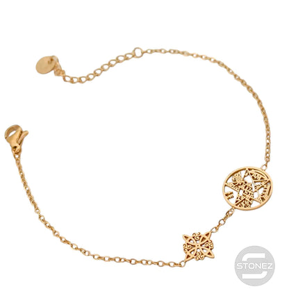 61677-04 Pulsera Acero Dorado Con Dije Nudo De Bruja y Tetragramaton