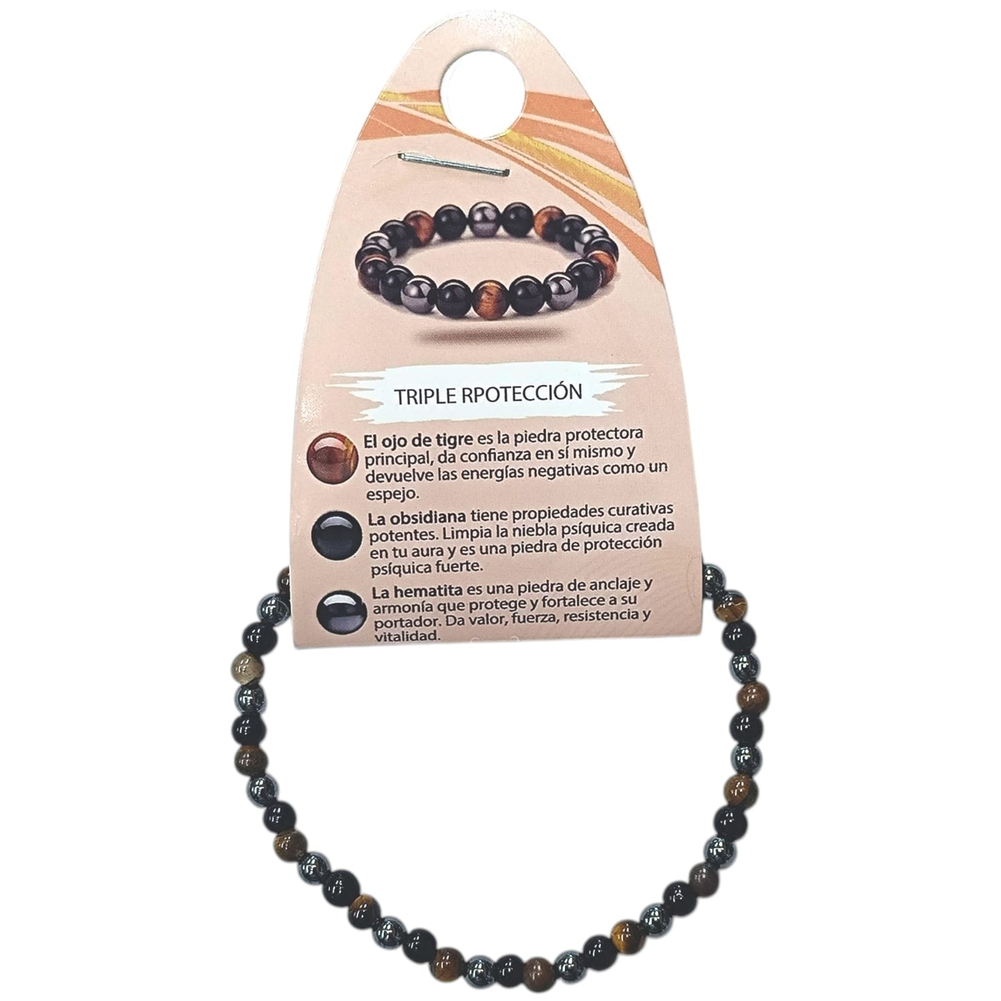Pulsera Triple Protección Combinando Ojo Tigre, Obsidiana Y Hematite 4 mm.
