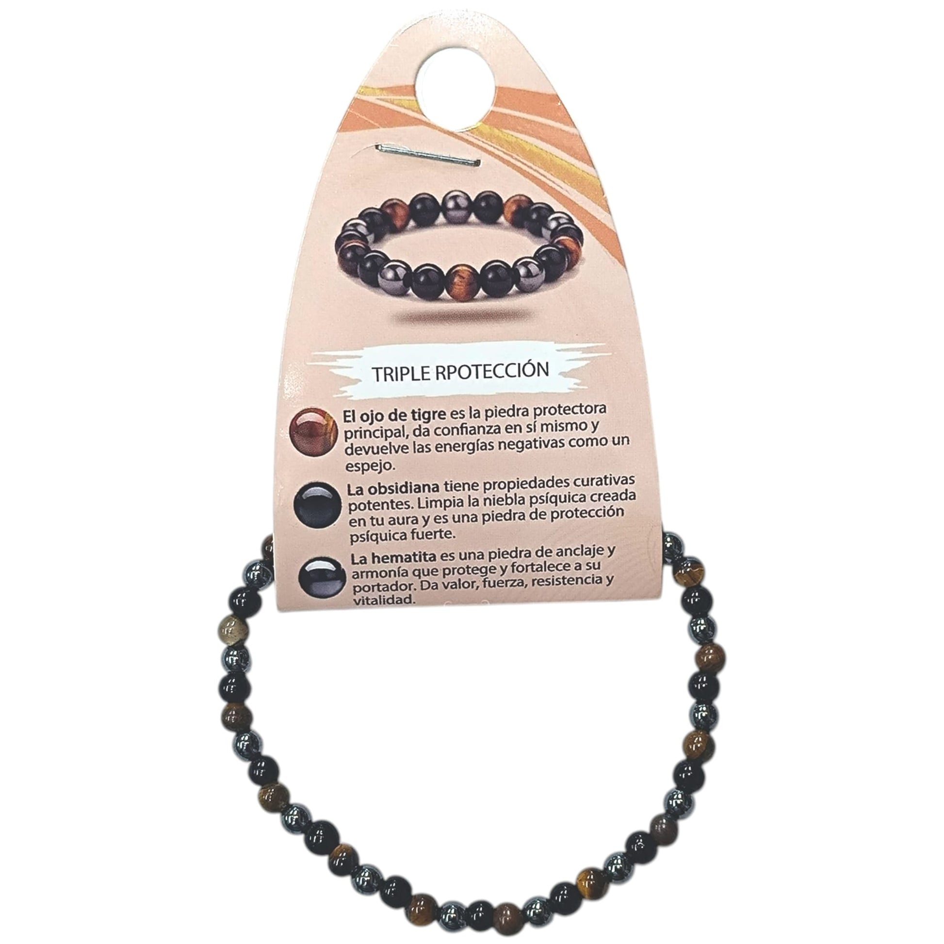 Pulsera Triple Protección Combinando Ojo Tigre, Obsidiana Y Hematite 4 mm.