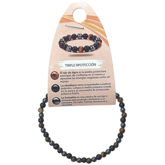 Pulsera Triple Protección Combinando Ojo Tigre, Obsidiana Y Hematite 4 mm.