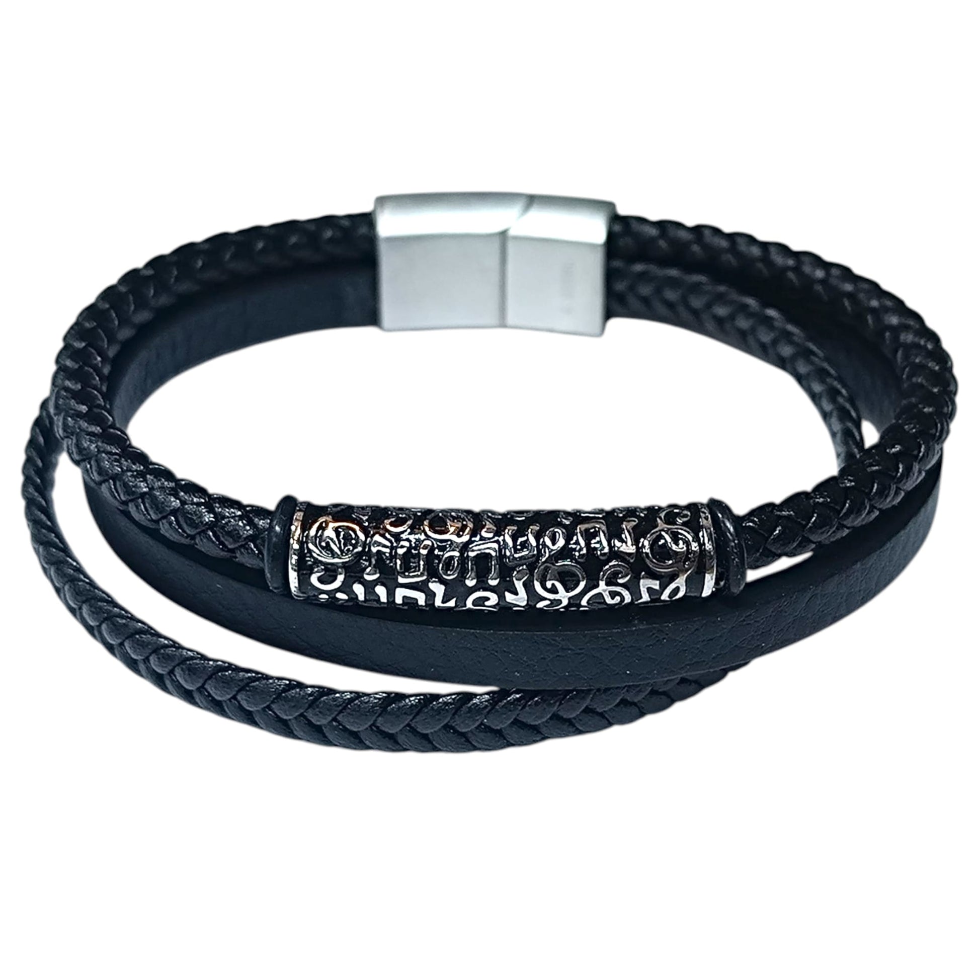 Pulsera Acero Y Cuero Negro Largo 22 Cms Aprox 401104257-015