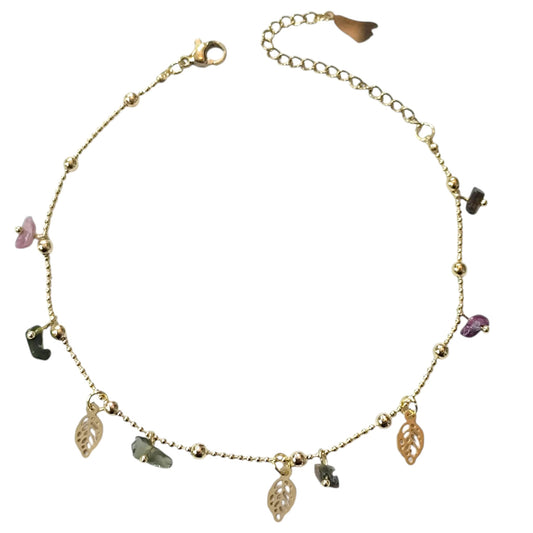 Tobillera Acero Inoxidable Dorado Con Dije Hoja Y Piedras 61056-05