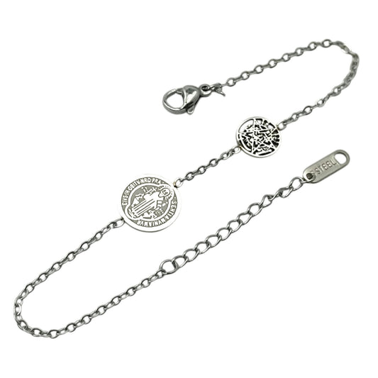 Pulsera Acero Doble Proteccion Con Dije Tetragramaton Y Medalla San Benito 18cms Aprox Ref: 600104450