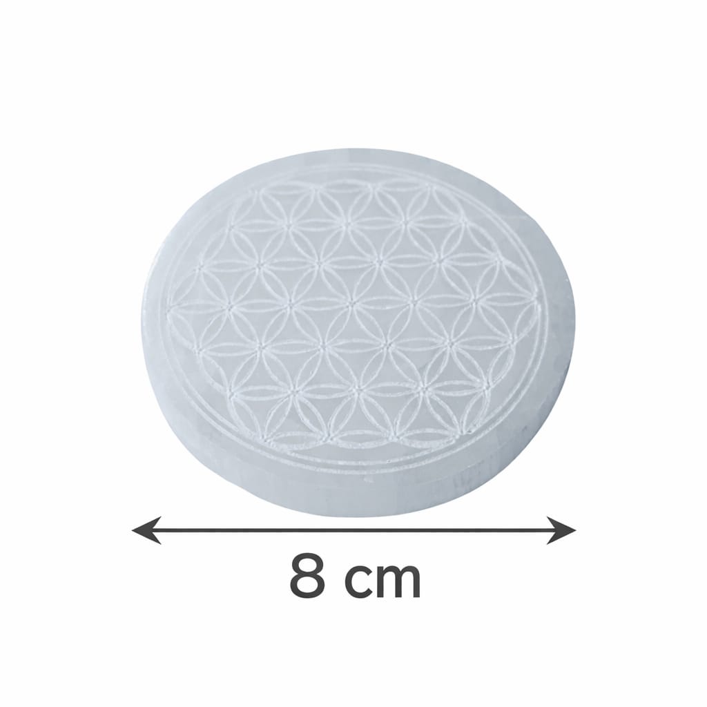 Mini Plato Selenita Grabado Flor De La Vida 8 Cms Aprox