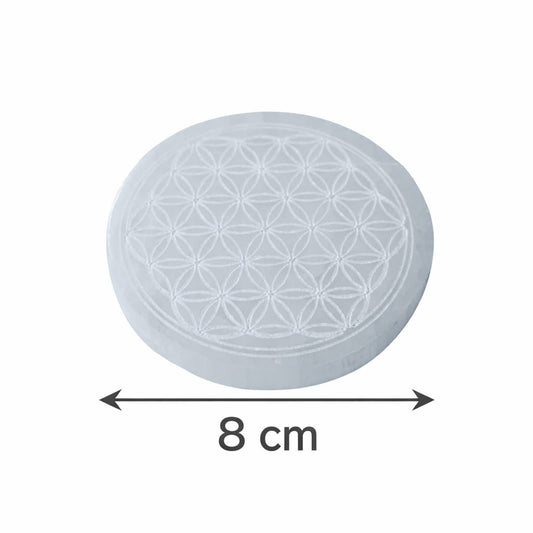 Mini Plato Selenita Grabado Flor De La Vida 8 Cms Aprox