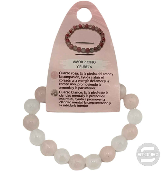 70166 Pulsera Amor Propio Y Pureza Combinando Cuarzo Rosa Y Cuarzo Blanco 10mm