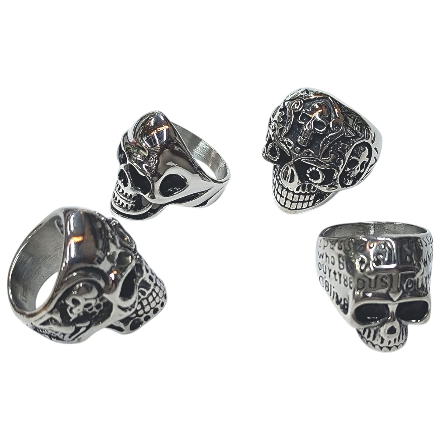 Juego 4 Anillos Acero Inoxidable Calavera Modelos Surtidos Con Diferentes Tallas Desde T18 a T22 REF: 400101477-01