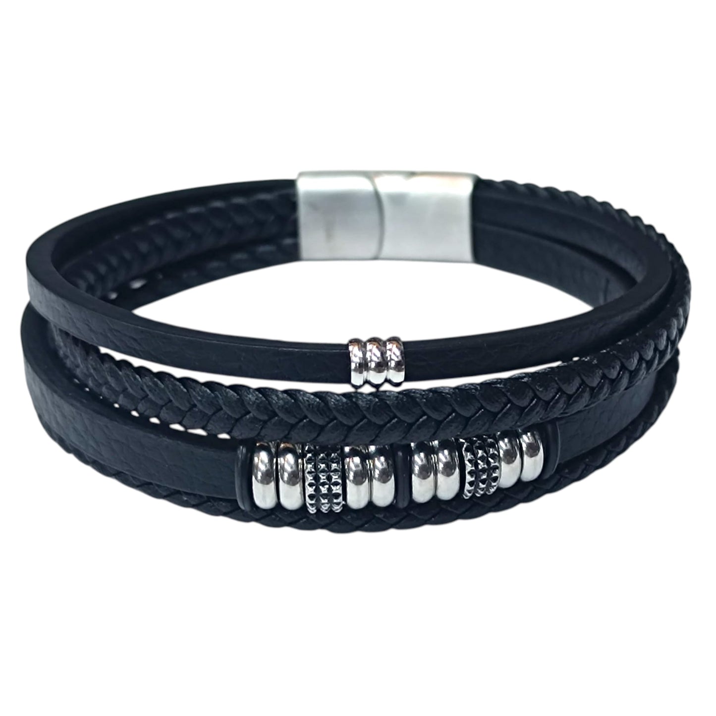 Pulsera Acero Y Cuero Negro Largo 22 Cms Aprox 401104257-37