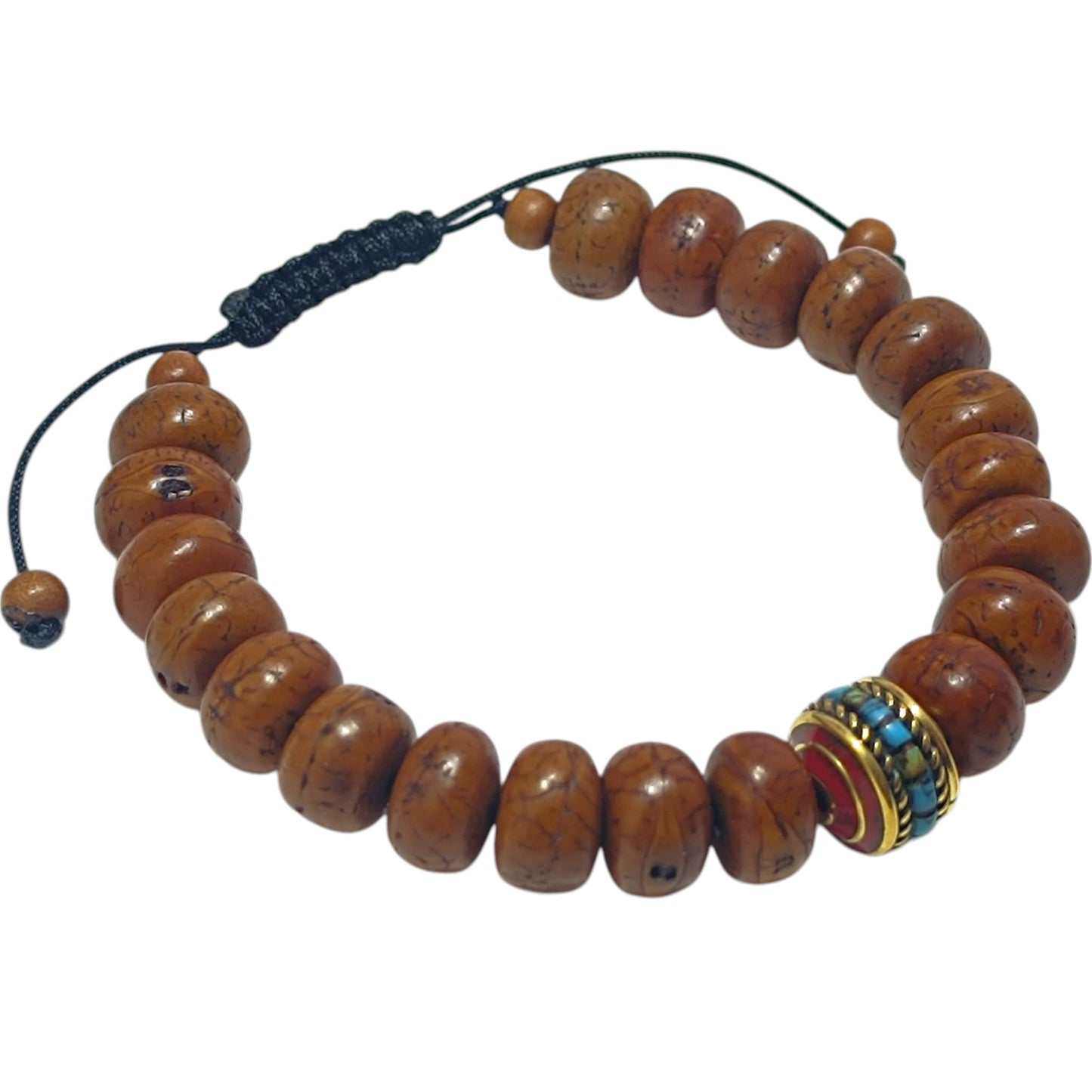 Pulsera Madera Coco Y Entrepieza Tibetana 12x7 mm Aprox (EL DIJE PUEDE LIGERAMENTE SER DIFERENTE) Ref:600404343-01